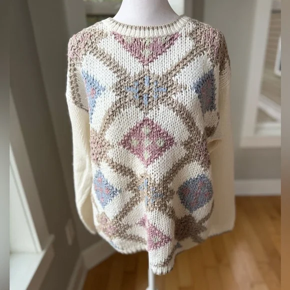 Vintage 80s 90s Hunters Run Tan White Pink Argyle Knit Sweater Size Large - Picture 1 of 8